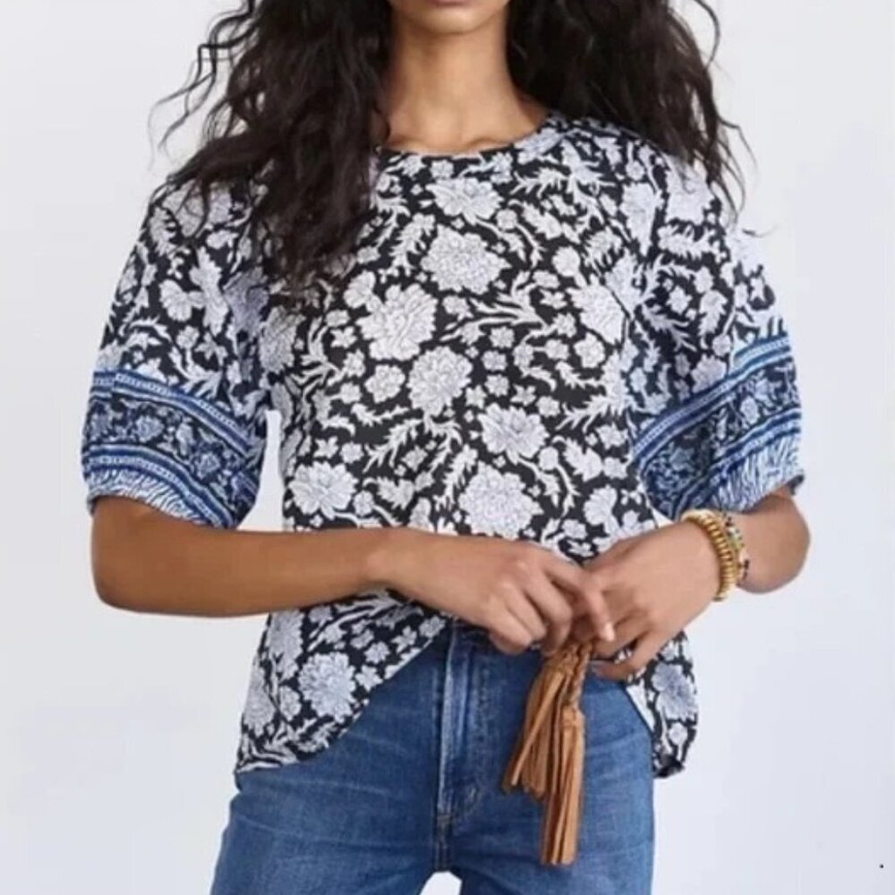 Saison de la Fleur Blue Floral Puff Sleeve Blouse XS Boho Summer